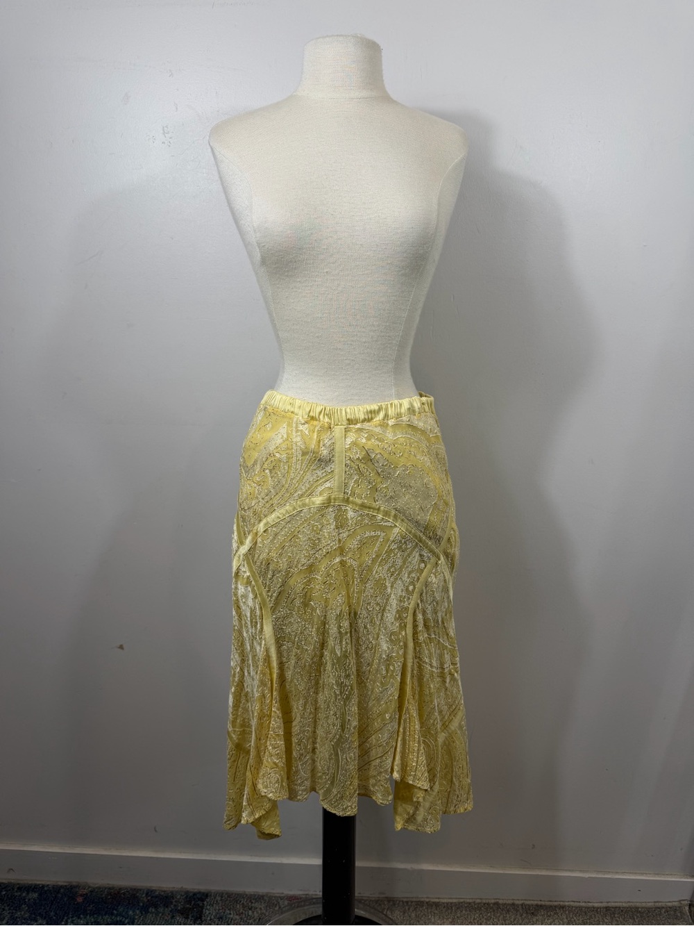 Vintage Roberto Cavalli Yellow Burnout Velvet Paisley Midi Skirt Size S - Picture 2 of 9